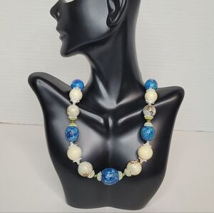 Vintage Coro Pegasus Beaded Gold Tone Blue White Demi Parure Confetti Bead Neckl